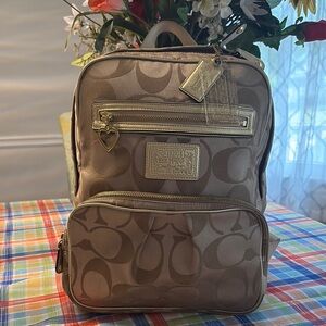 Coach Tan Signature Monogram Backpack with Heart Charm